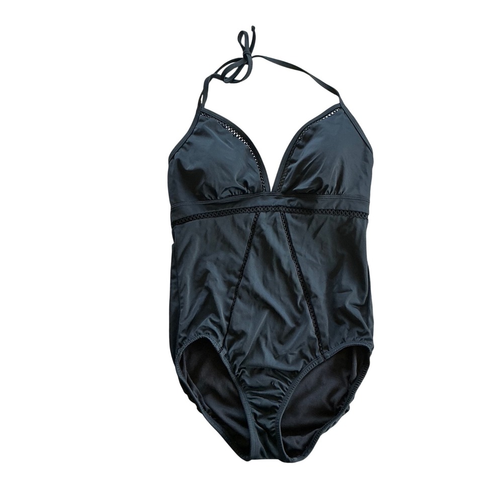 Black Halter One Piece Swimsuit Crochet Trim Padded Cut‎ Out Bathing Suit Medium